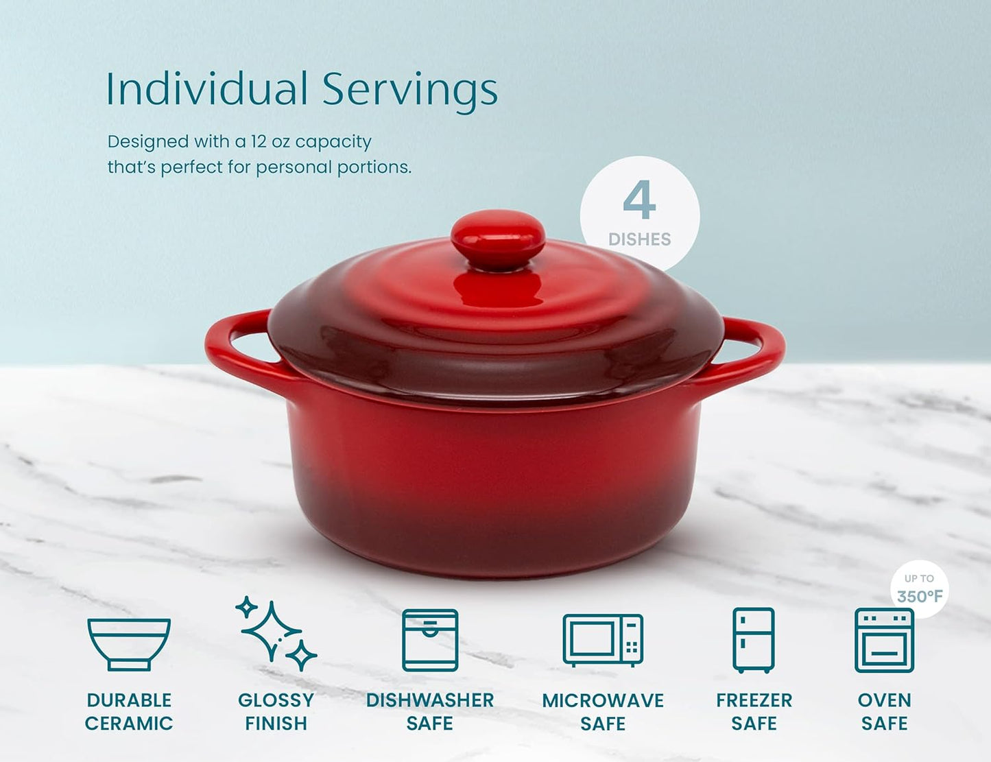 Ceramic Mini Cocotte Set, Small Casserole Dishes with Lids and Handles, Individual Baking Ramekins, Oven, Microwave & Dishwasher Safe, Stoneware, 12 Oz, Set of 4 (Crimson Ombre)