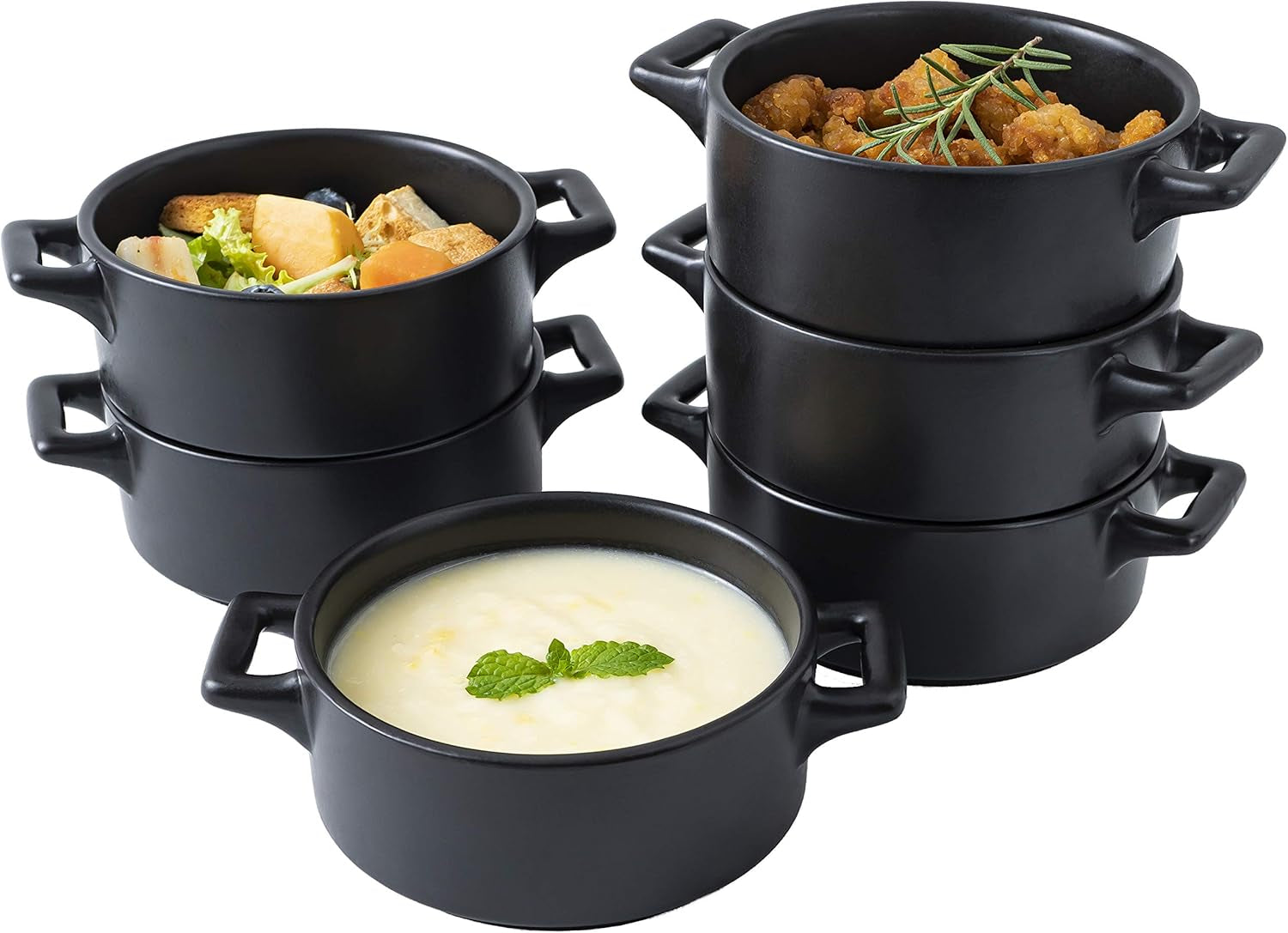 Ceramic Ramekin Set of 6 Serving Plates. 10 Oz Porcelain Baking Skillet for Souffle Dishes with Handles. Safe for Oven, Microwave, Dishwasher. Serving Dish, Matte Black
