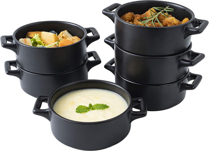 Ceramic Ramekin Set of 6 Serving Plates. 10 Oz Porcelain Baking Skillet for Souffle Dishes with Handles. Safe for Oven, Microwave, Dishwasher. Serving Dish, Matte Black