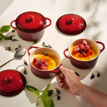Ceramic Mini Cocotte Set, Small Casserole Dishes with Lids and Handles, Individual Baking Ramekins, Oven, Microwave & Dishwasher Safe, Stoneware, 12 Oz, Set of 4 (Crimson Ombre)