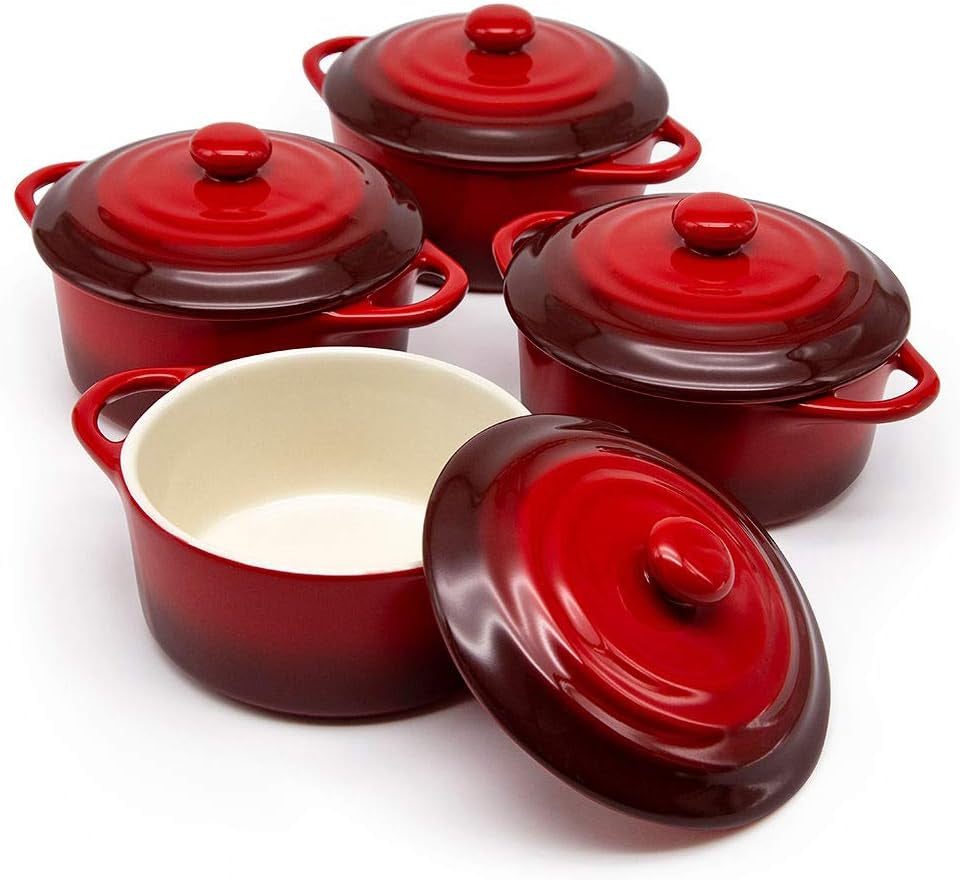 Ceramic Mini Cocotte Set, Small Casserole Dishes with Lids and Handles, Individual Baking Ramekins, Oven, Microwave & Dishwasher Safe, Stoneware, 12 Oz, Set of 4 (Crimson Ombre)