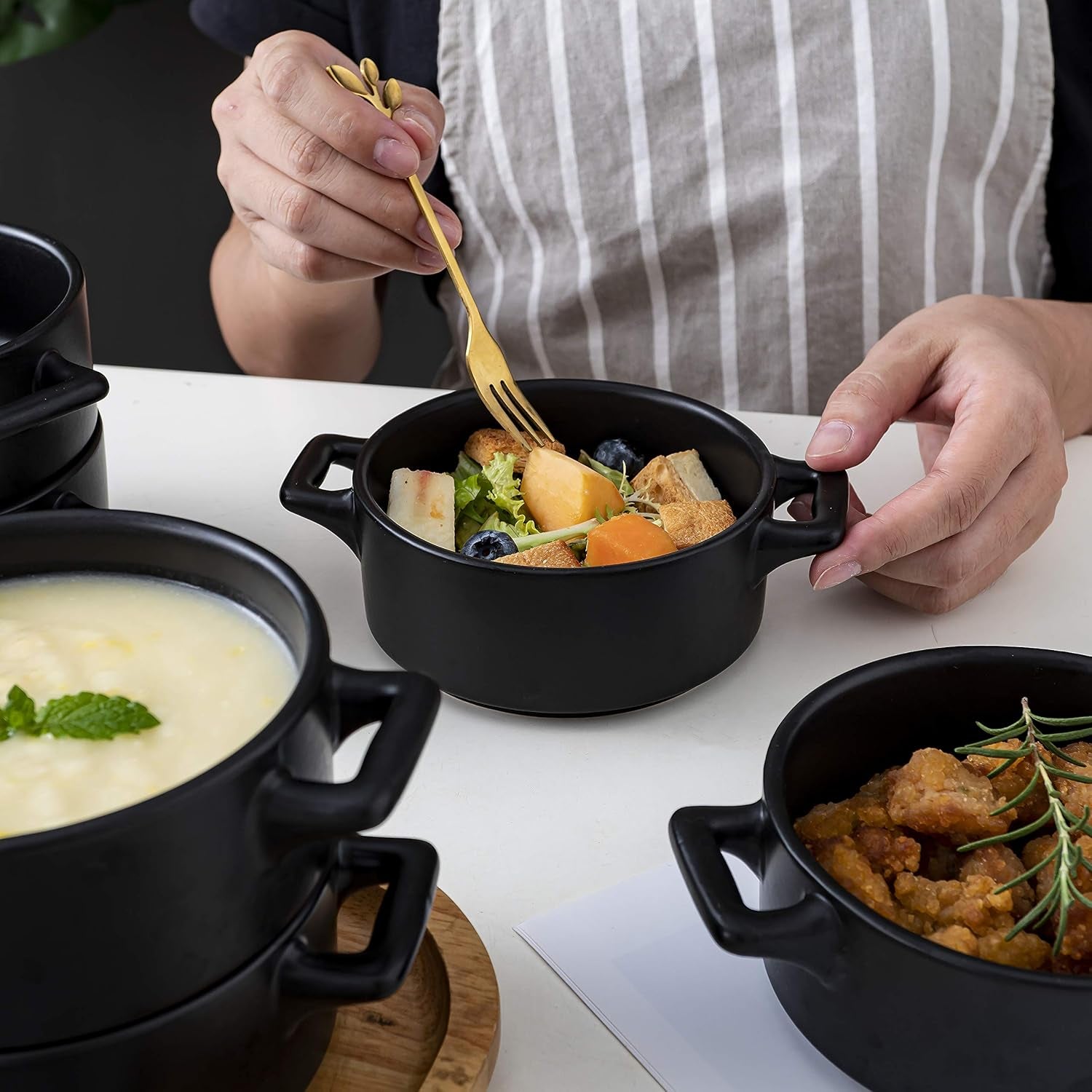 Ceramic Ramekin Set of 6 Serving Plates. 10 Oz Porcelain Baking Skillet for Souffle Dishes with Handles. Safe for Oven, Microwave, Dishwasher. Serving Dish, Matte Black