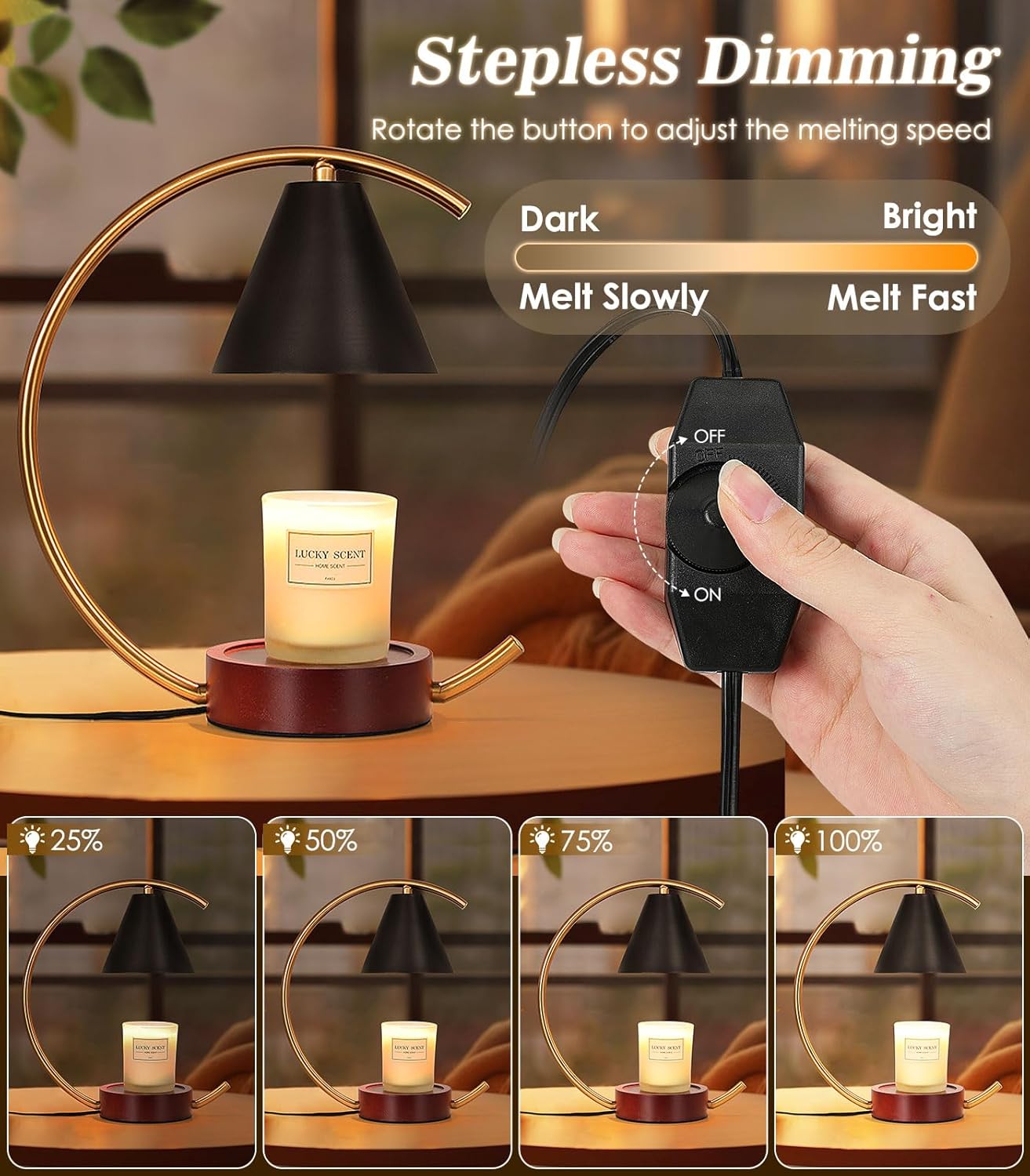 Electric Candle Warmer Lamp with 2 Bulbs, Dimmable Candle Melting Lamp for Jar Candles, Minimalist Scented Wax Melt Warmer with Moon Iron Frame Present for Bedroom Home Living Room Decor