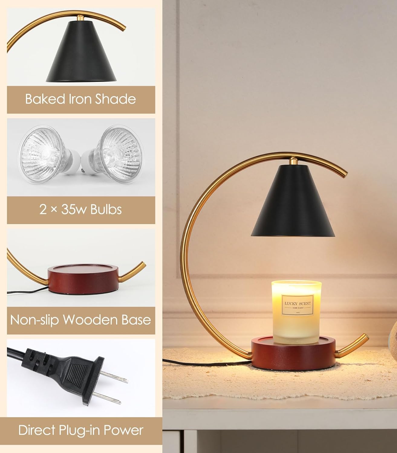 Electric Candle Warmer Lamp with 2 Bulbs, Dimmable Candle Melting Lamp for Jar Candles, Minimalist Scented Wax Melt Warmer with Moon Iron Frame Present for Bedroom Home Living Room Decor