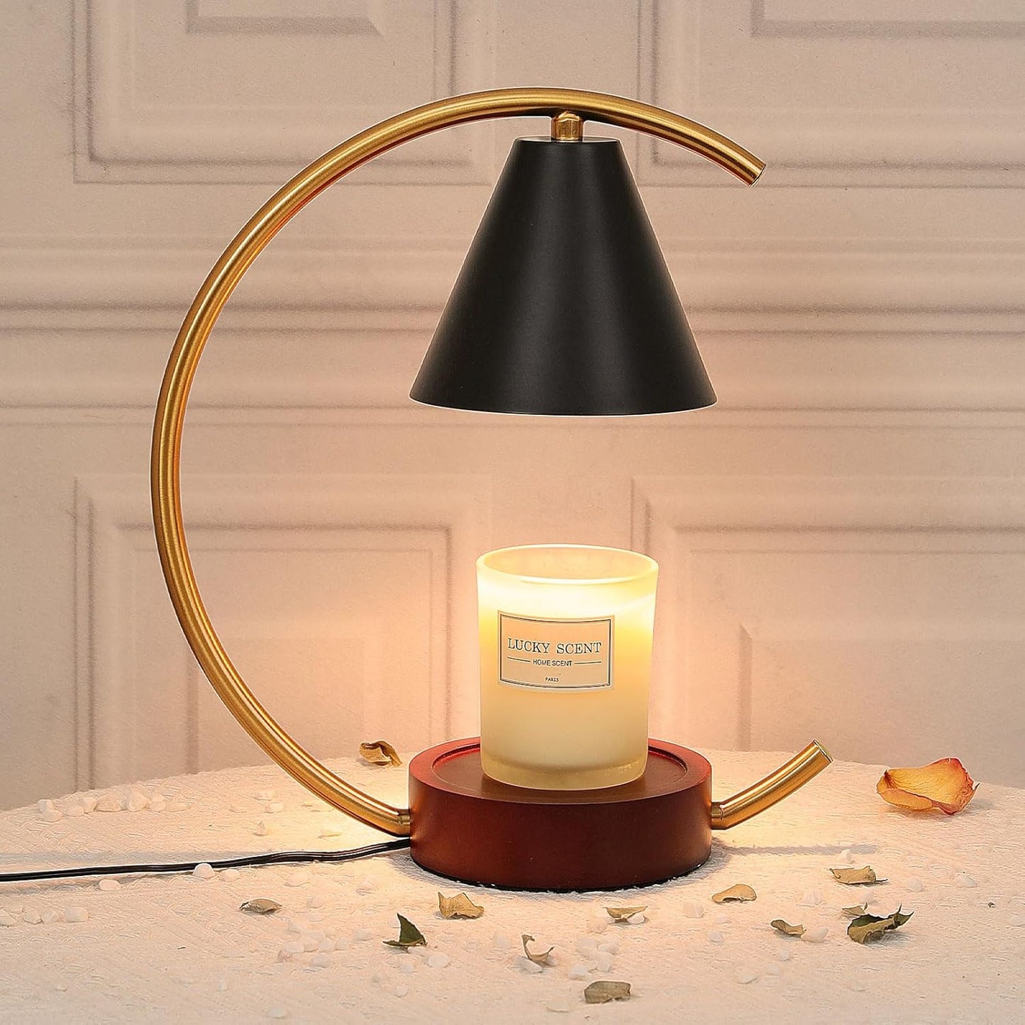 Electric Candle Warmer Lamp with 2 Bulbs, Dimmable Candle Melting Lamp for Jar Candles, Minimalist Scented Wax Melt Warmer with Moon Iron Frame Present for Bedroom Home Living Room Decor