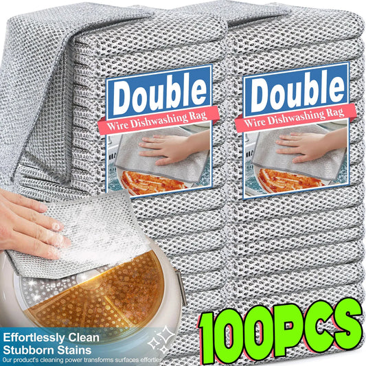 1/100pcs Magic Dishcloth Silver Wire Cleaning Kitchen Cloth Thickened Microfiber Wash Towel Built-in Sponge Steel Wire Ball Rag