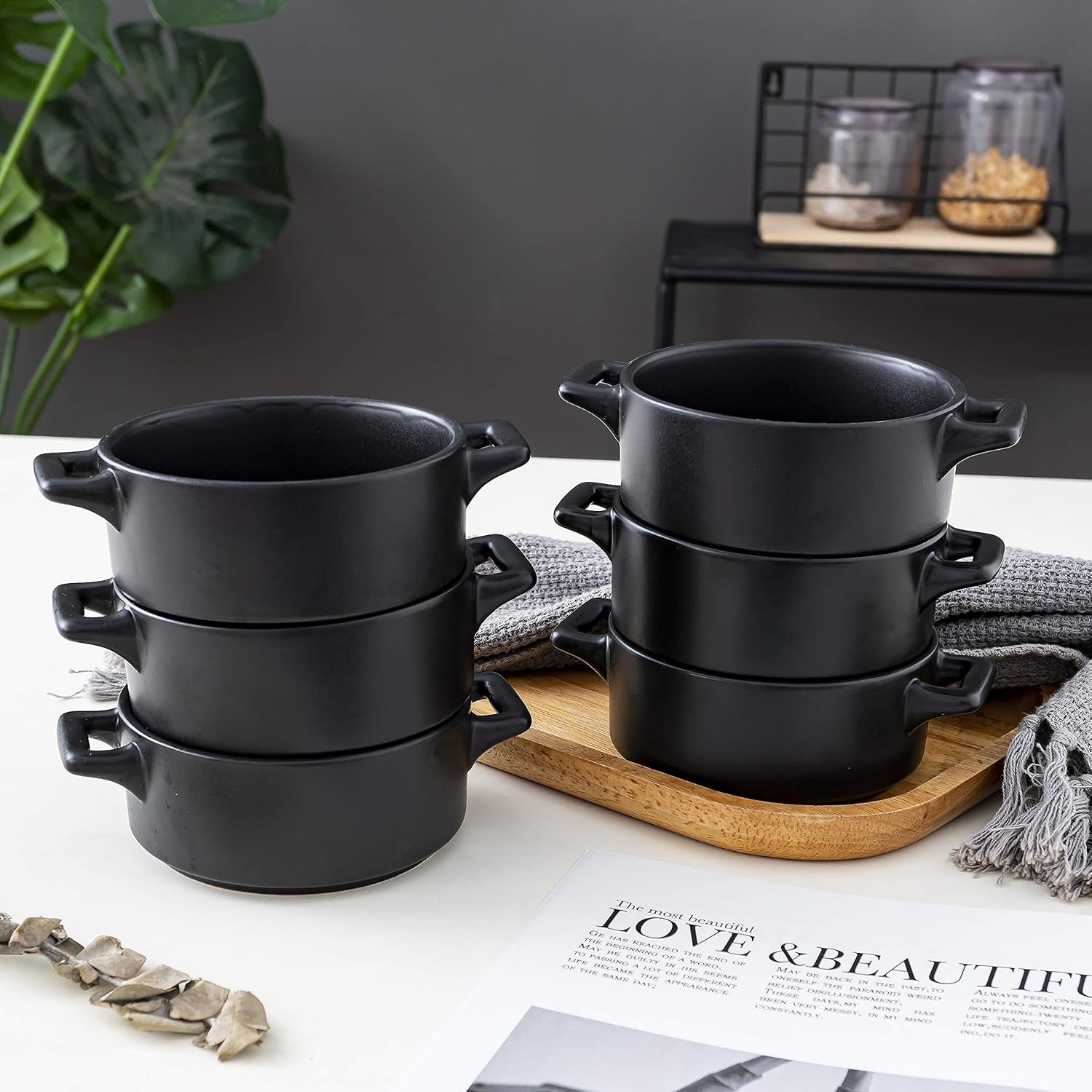 Ceramic Ramekin Set of 6 Serving Plates. 10 Oz Porcelain Baking Skillet for Souffle Dishes with Handles. Safe for Oven, Microwave, Dishwasher. Serving Dish, Matte Black